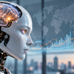 Робот с видим изкуствен мозък на фона на графики за рисковете от AI