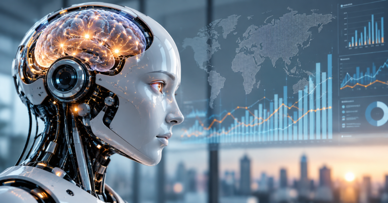 Робот с видим изкуствен мозък на фона на графики за рисковете от AI